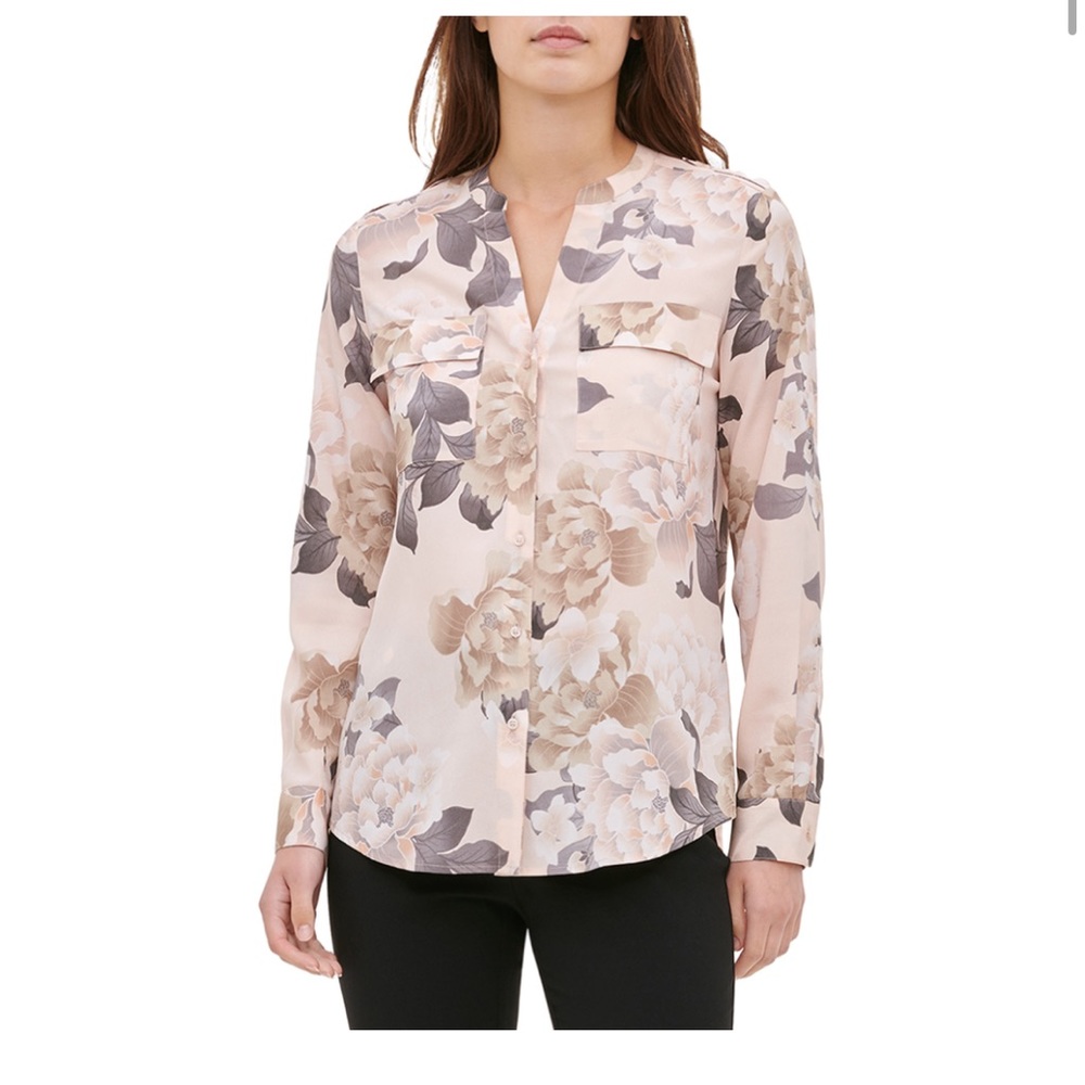 Women’s Size XL Calvin Klein Button Up Crewneck Roll Sleeve Blouse Top